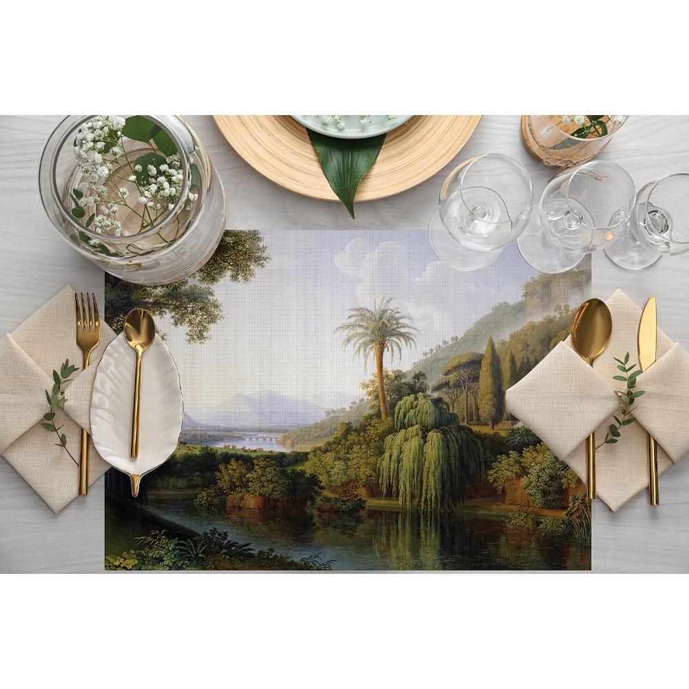 Yeşil Orman Manzaralı Kumaş Amerikan Servis 4'lü Set 35X50CM