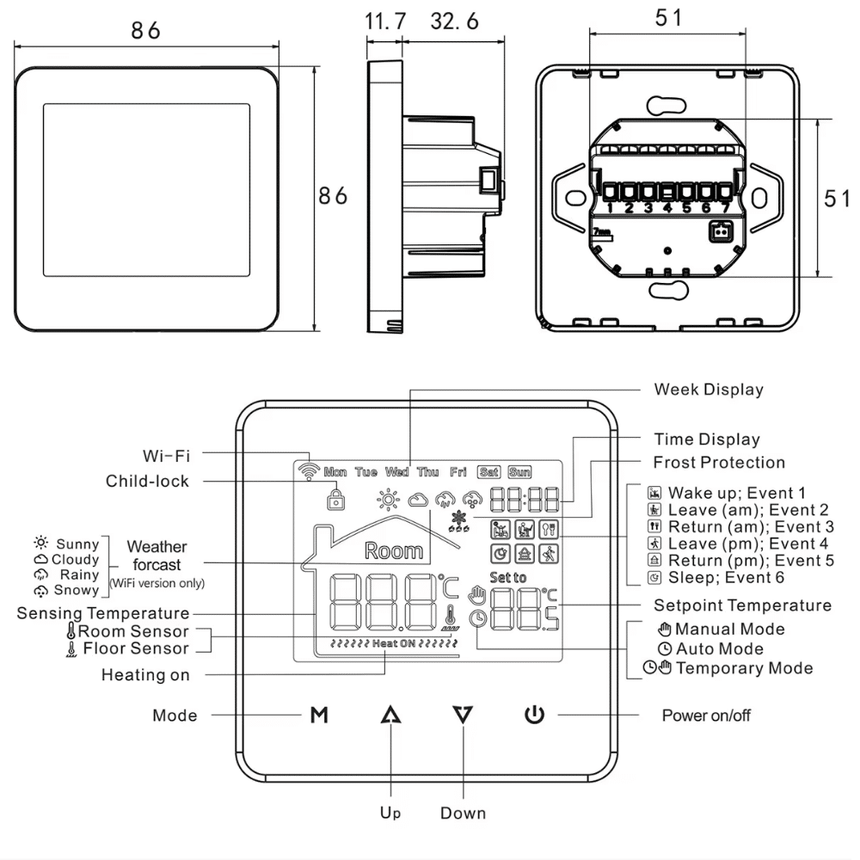 Kablolu LCD Ekranlı WiFi Oda Termostatı