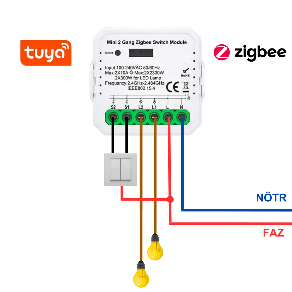 Tuya Mini Zigbee Çift Çıkışlı Akıllı Röle