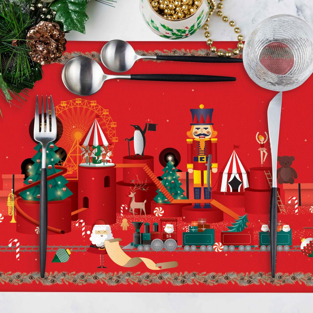 Kış Masalı Temalı Renkli ve Canlı Noel Figürlü Amerikan Servis – 4’lü Set (30x50 cm)