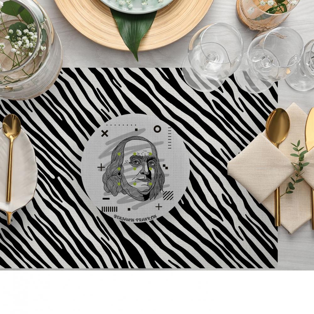 Zebra Desenli İkonik Yıldız Desenli Sanat Baskılı Amerikan Servis – 4’lü Retro Set (30x50 Cm)