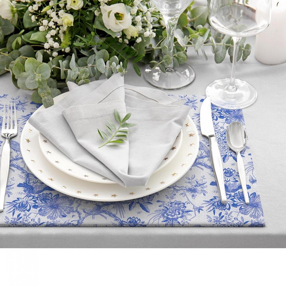 Romantik Desenli Mavi Kuş ve Çiçek Motifli Amerikan Servis Seti - 4'lü Set (30x50 cm)