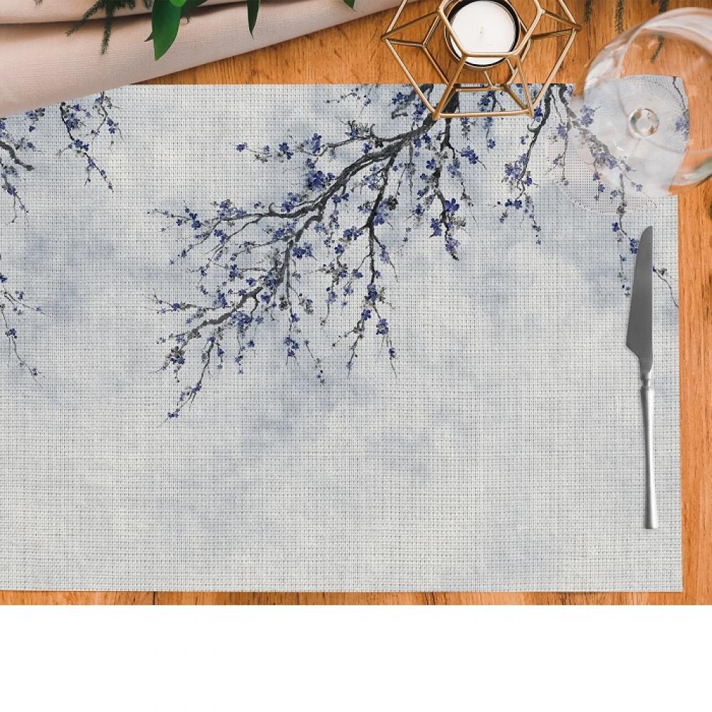Minimal Doğa Temalı Mor Çiçekli Dal Figürlü – 4’lü Amerikan Servis (30x50 cm)